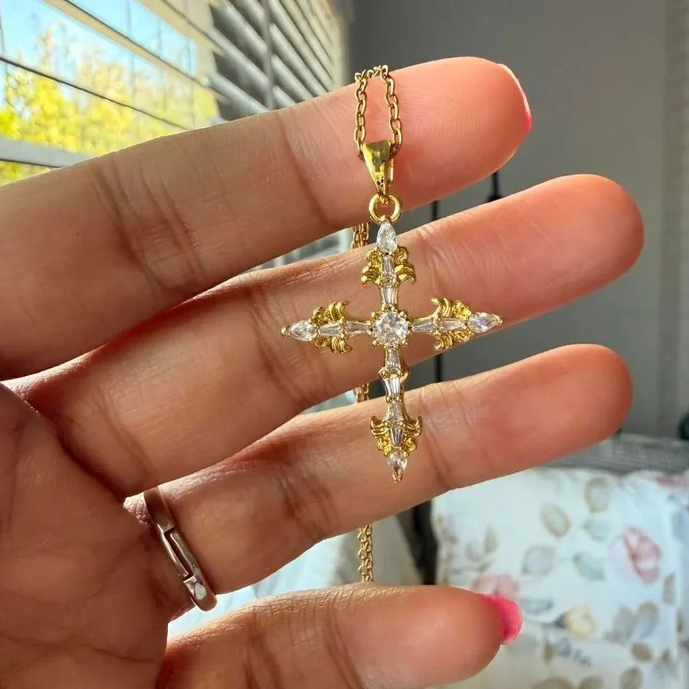 Gold Tone Cross Pendant Necklace | CZ Rhinestones | Adjustable